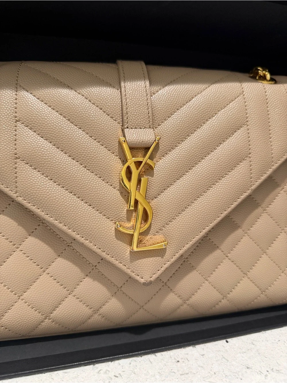 Saint Laurent Quilted Envelope Shoulder Bag in Beige with Gold Hardware
